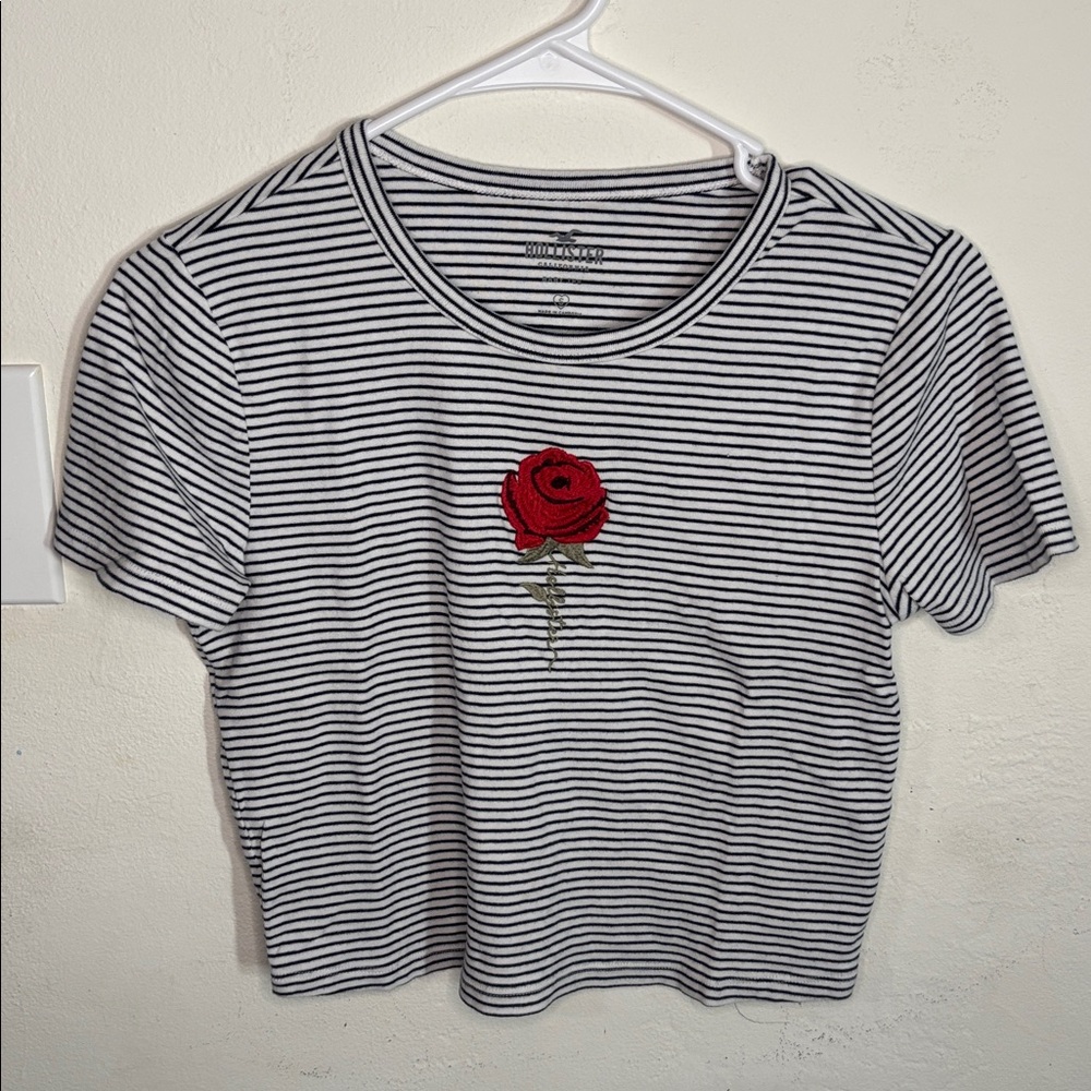 Hollister Black and White Striped Tee with Red Rose